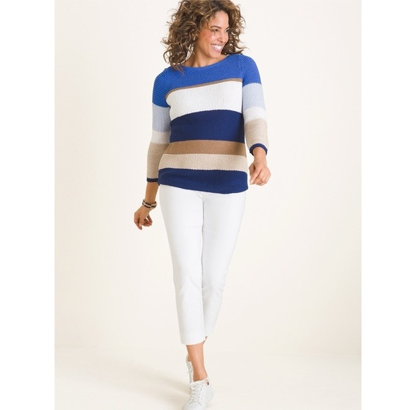 Chico’s Striped Textured Pullover Sweater Blue Tan White - Picture 3 of 10